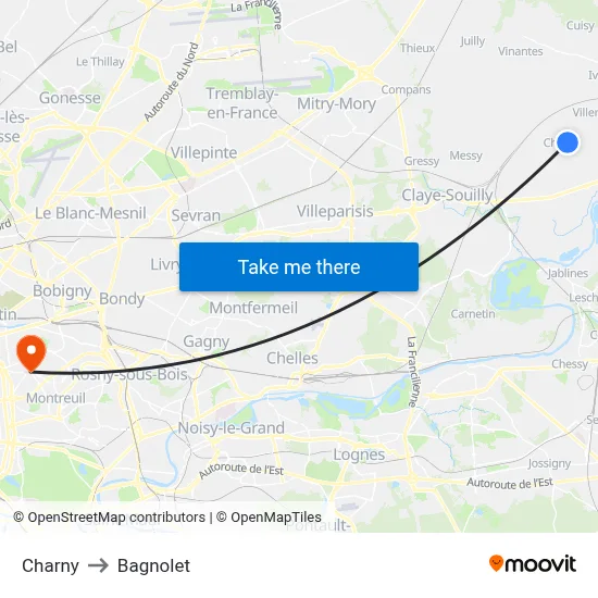 Charny to Bagnolet map