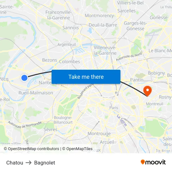 Chatou to Bagnolet map