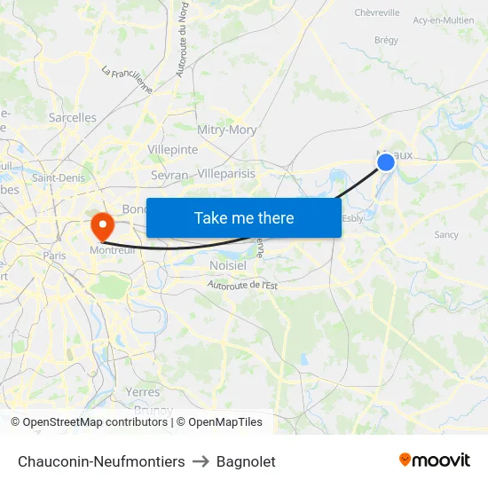 Chauconin-Neufmontiers to Bagnolet map