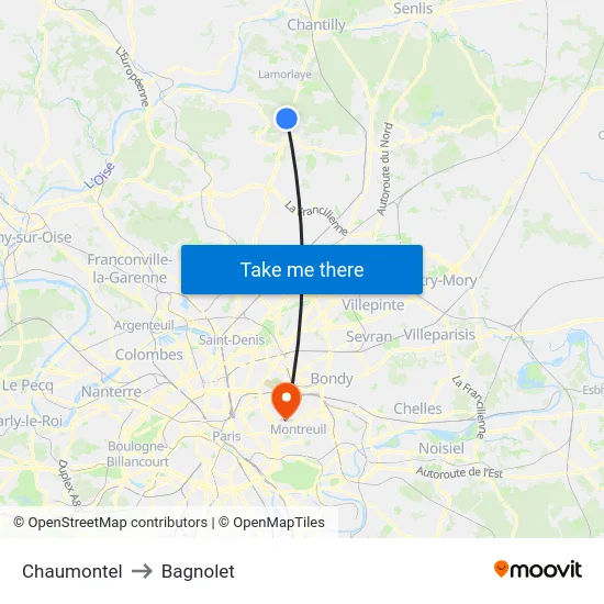 Chaumontel to Bagnolet map