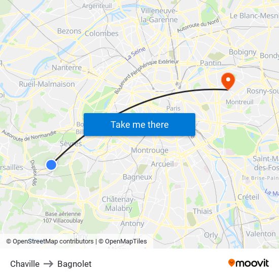 Chaville to Bagnolet map