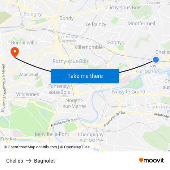 Chelles to Bagnolet map