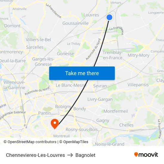 Chennevieres-Les-Louvres to Bagnolet map