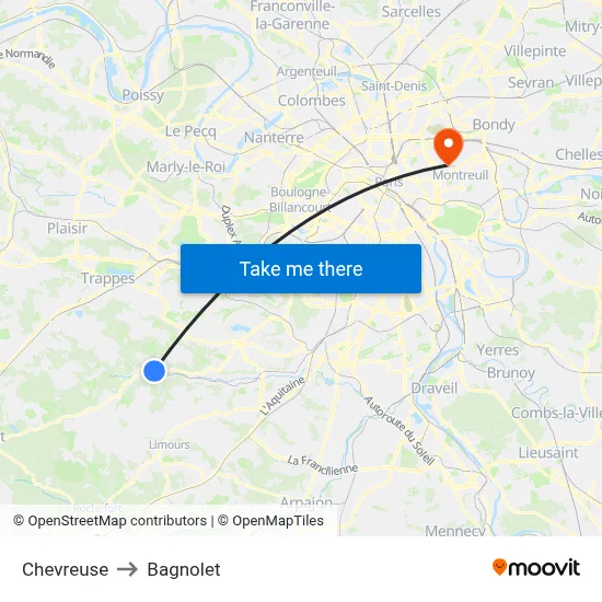 Chevreuse to Bagnolet map