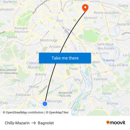 Chilly-Mazarin to Bagnolet map