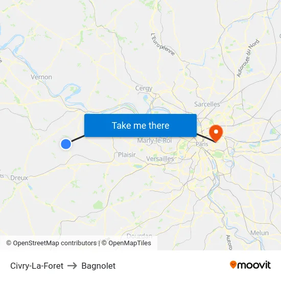 Civry-La-Foret to Bagnolet map