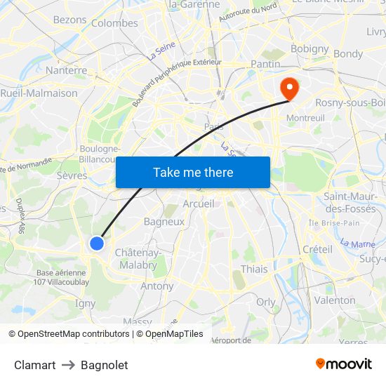 Clamart to Bagnolet map