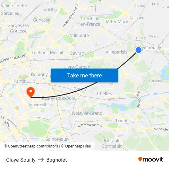 Claye-Souilly to Bagnolet map
