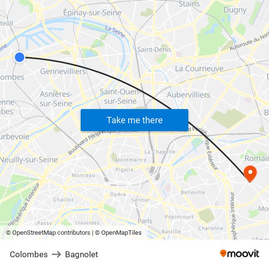 Colombes to Bagnolet map