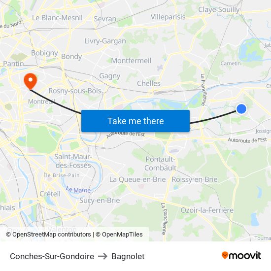 Conches-Sur-Gondoire to Bagnolet map