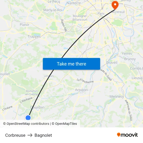 Corbreuse to Bagnolet map