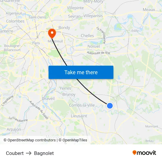Coubert to Bagnolet map