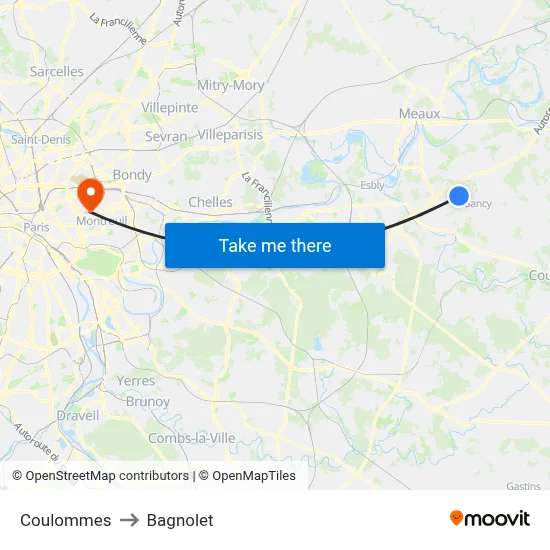 Coulommes to Bagnolet map