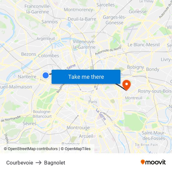 Courbevoie to Bagnolet map