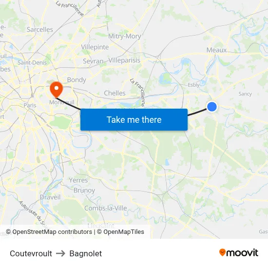 Coutevroult to Bagnolet map