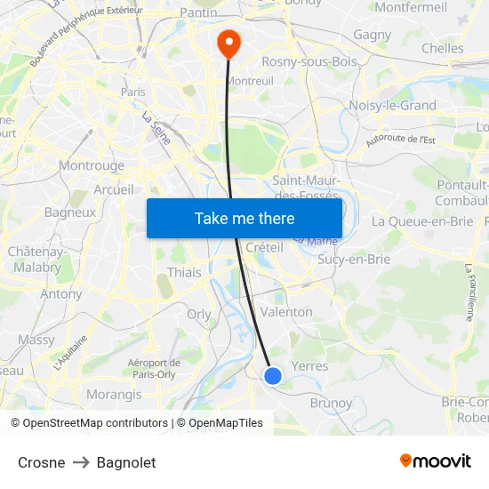Crosne to Bagnolet map