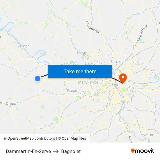 Dammartin-En-Serve to Bagnolet map