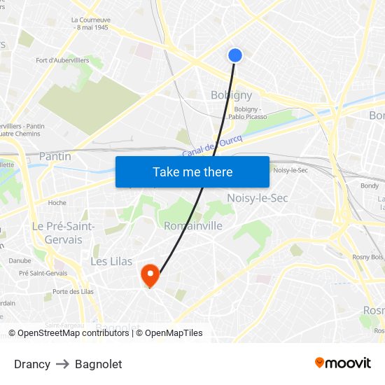 Drancy to Bagnolet map