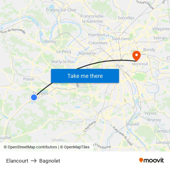 Elancourt to Bagnolet map