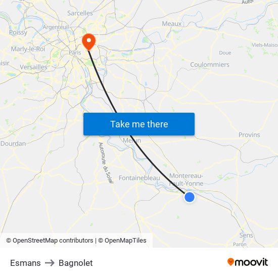 Esmans to Bagnolet map