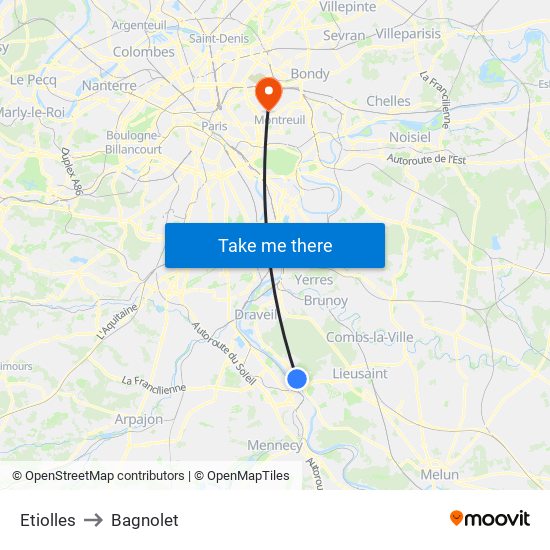Etiolles to Bagnolet map