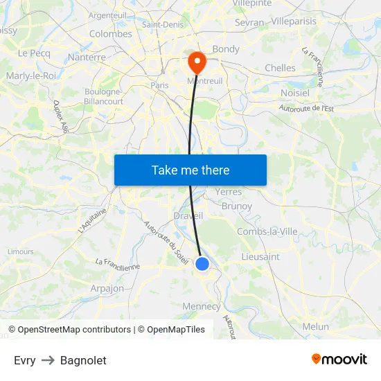 Evry to Bagnolet map