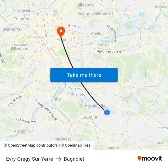 Evry-Gregy-Sur-Yerre to Bagnolet map