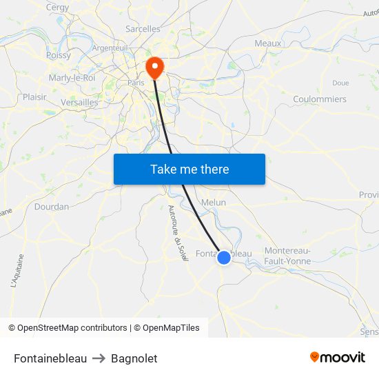 Fontainebleau to Bagnolet map