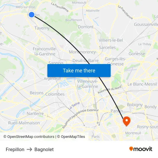 Frepillon to Bagnolet map