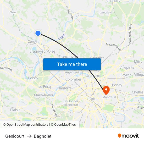 Genicourt to Bagnolet map