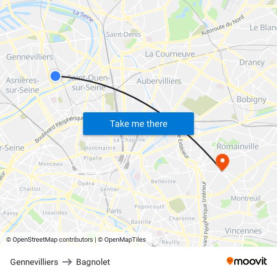 Gennevilliers to Bagnolet map