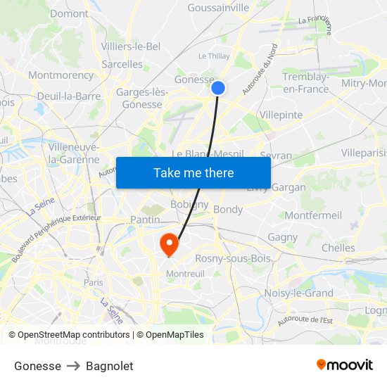 Gonesse to Bagnolet map
