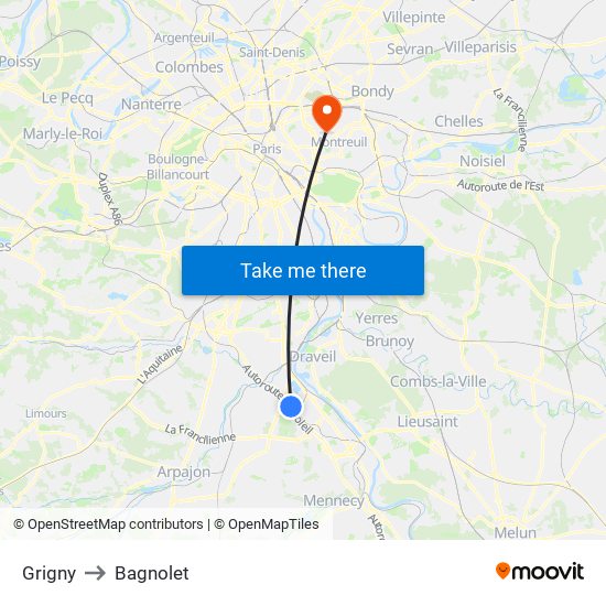 Grigny to Bagnolet map