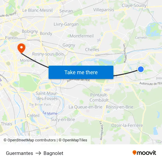 Guermantes to Bagnolet map