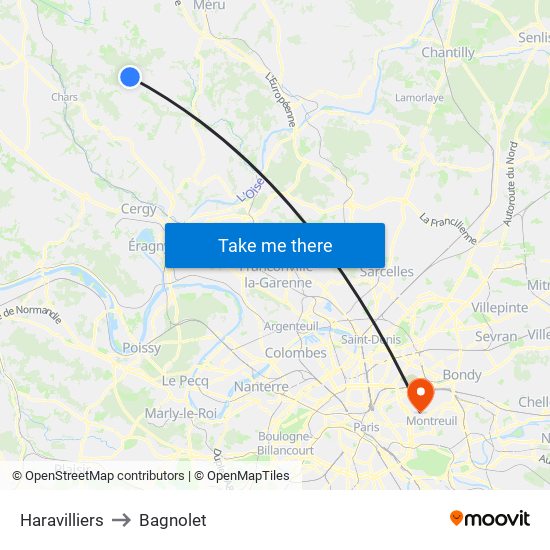 Haravilliers to Bagnolet map