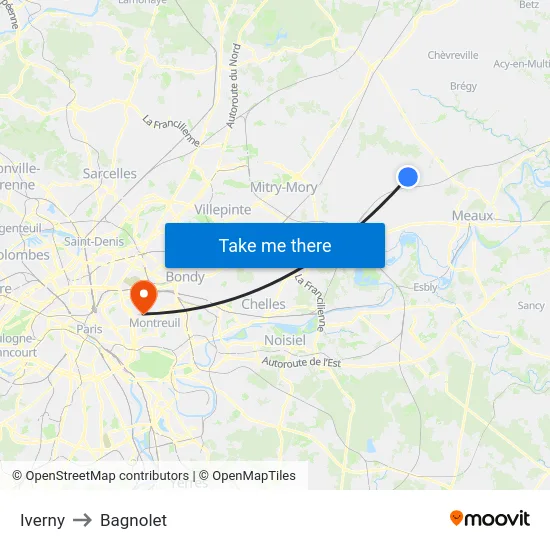 Iverny to Bagnolet map