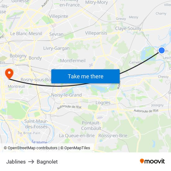 Jablines to Bagnolet map