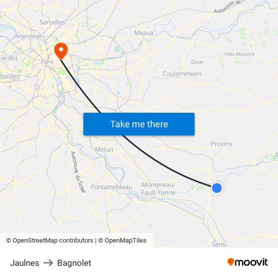 Jaulnes to Bagnolet map
