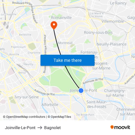 Joinville-Le-Pont to Bagnolet map