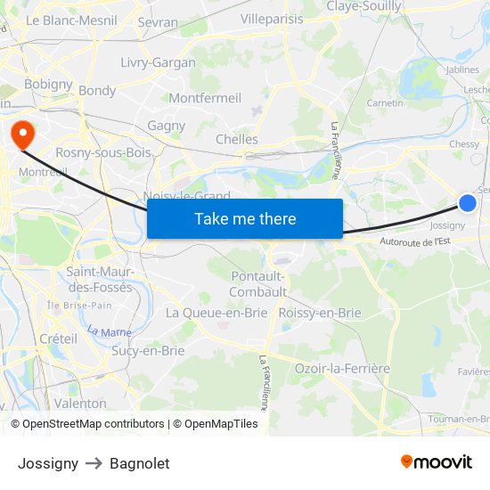 Jossigny to Bagnolet map