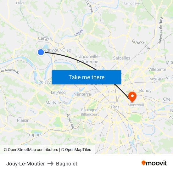 Jouy-Le-Moutier to Bagnolet map