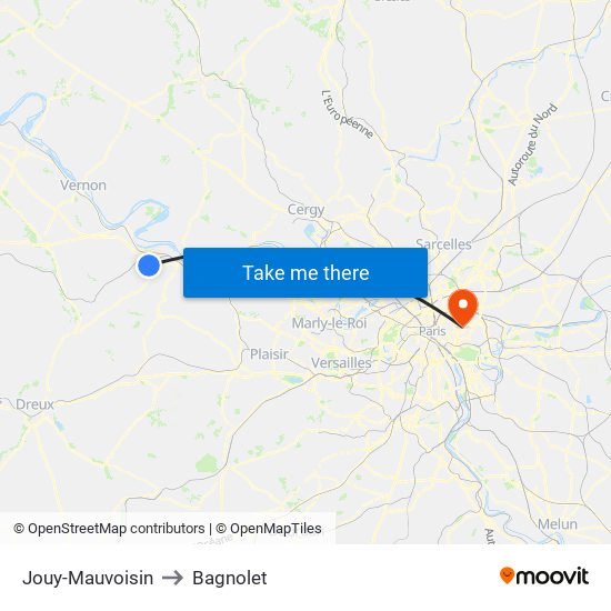 Jouy-Mauvoisin to Bagnolet map