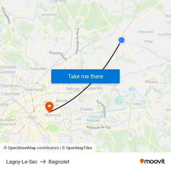 Lagny-Le-Sec to Bagnolet map