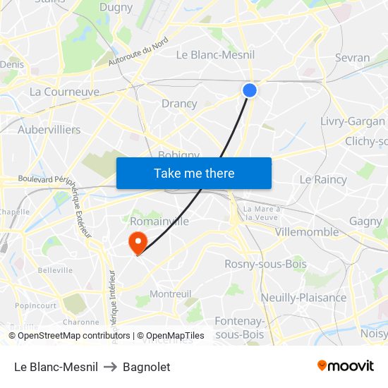 Le Blanc-Mesnil to Bagnolet map