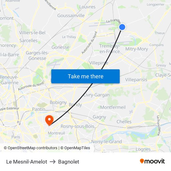 Le Mesnil-Amelot to Bagnolet map