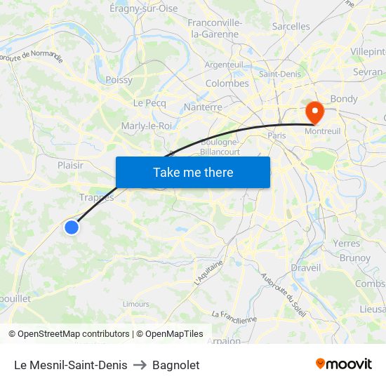 Le Mesnil-Saint-Denis to Bagnolet map