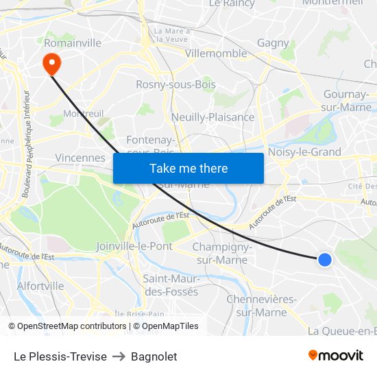 Le Plessis-Trevise to Bagnolet map