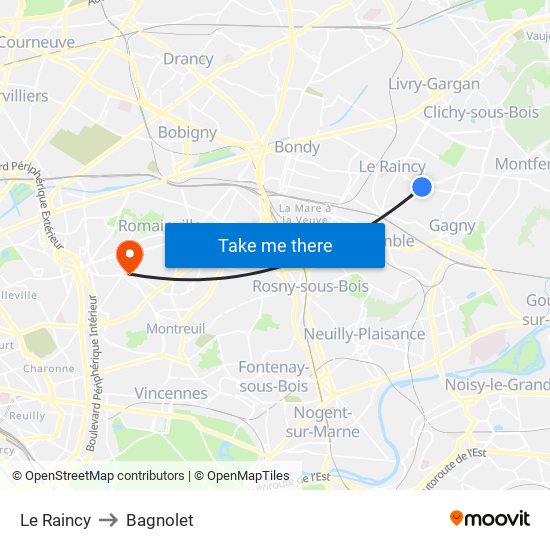 Le Raincy to Bagnolet map