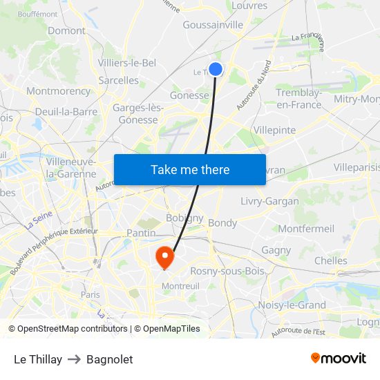 Le Thillay to Bagnolet map