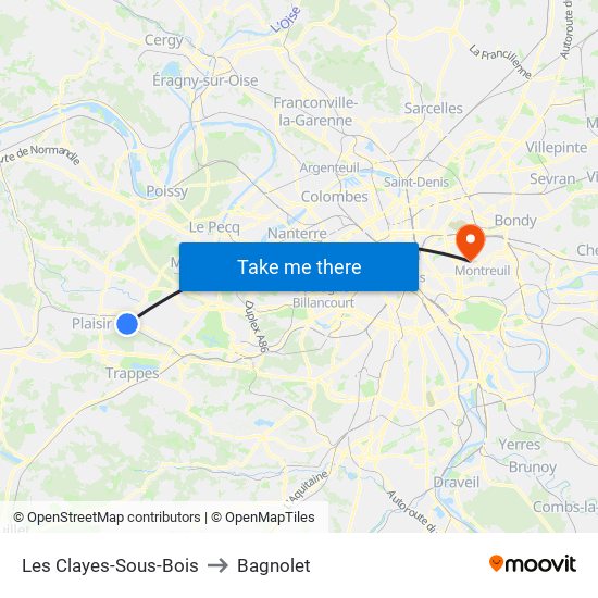Les Clayes-Sous-Bois to Bagnolet map